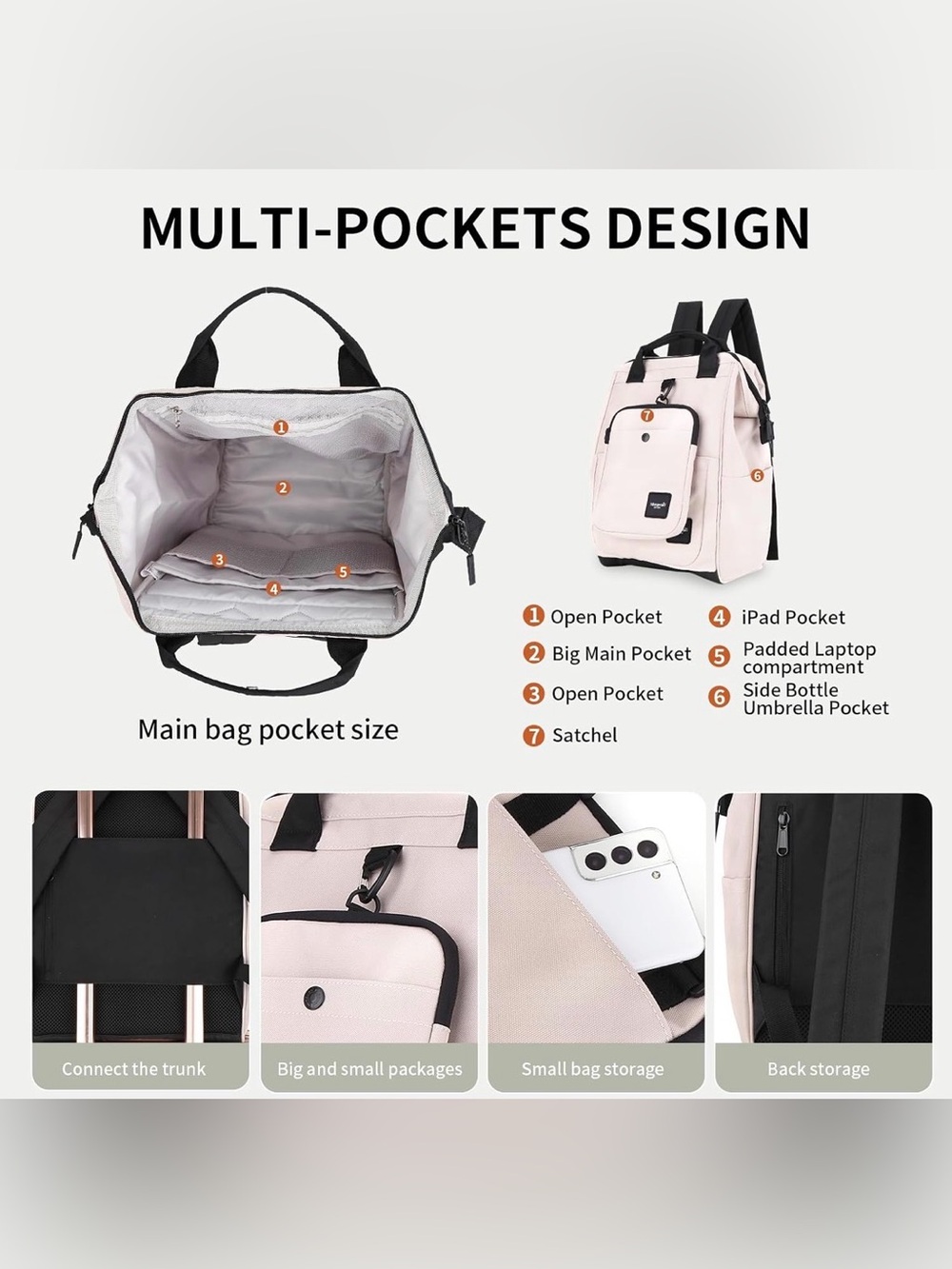 NWT Himawari 14.9” Laptop Backpack Pink Beige Water Resistant - Picture 6 of 8